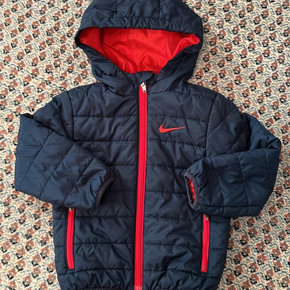 EUC Nike Kids' Navy Blue and Red Full Zip Puffer Jacket Size 3T
